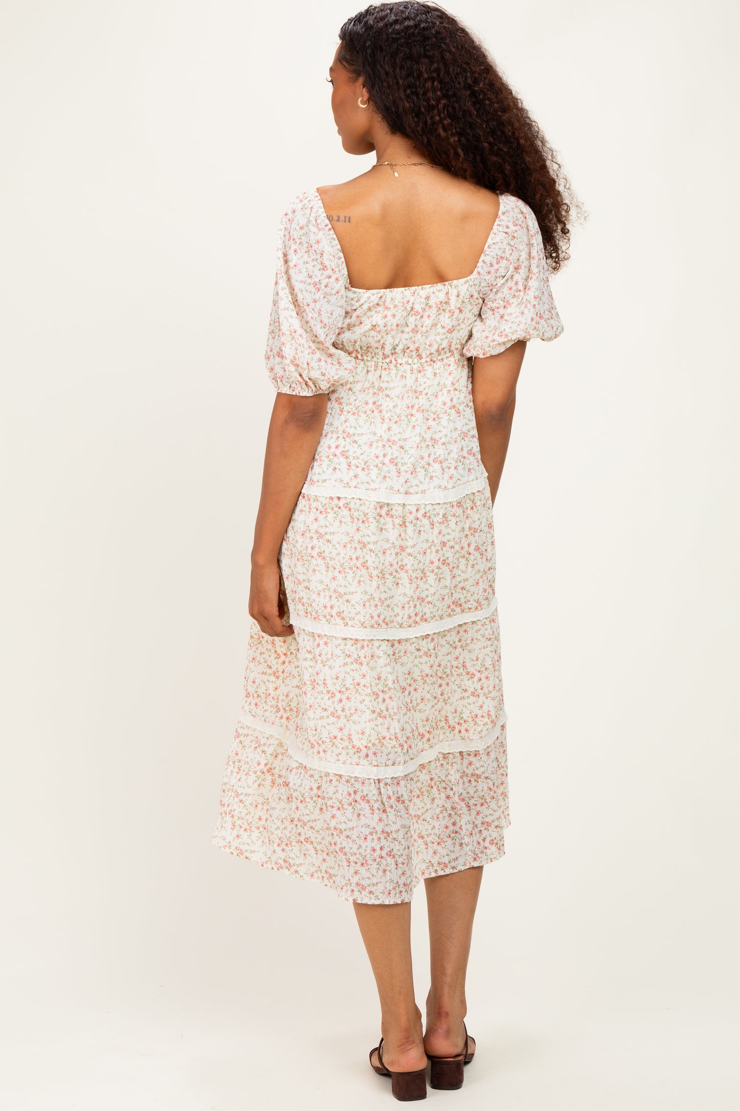 Butter Floral Lace Trim Tiered Midi Dress