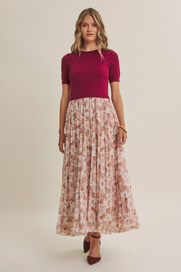Burgundy Knit Top Pleated Floral Skirt Maxi Dress