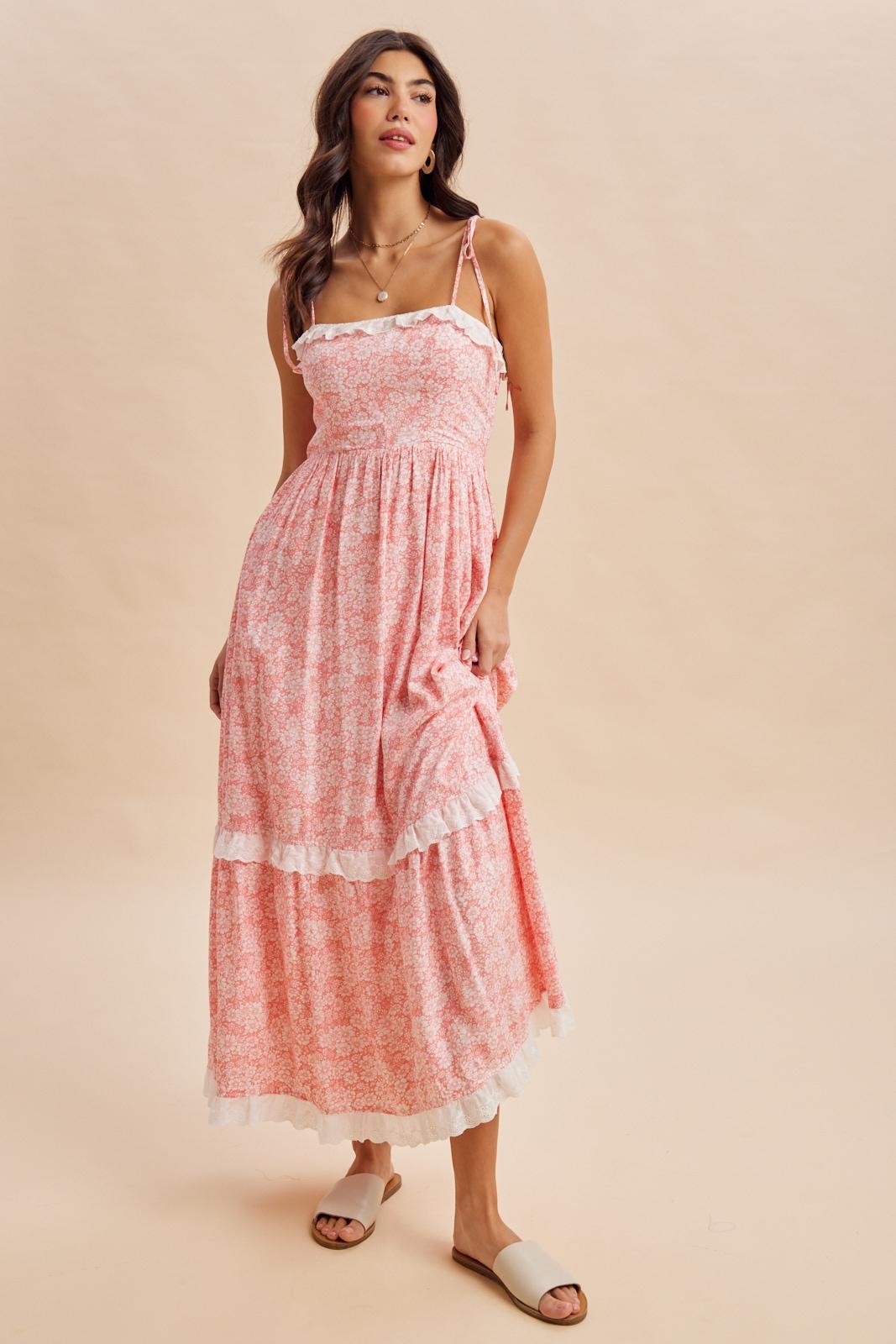 Candy Pink Floral Shoulder Tie Ruffle Detail Maxi Dress
