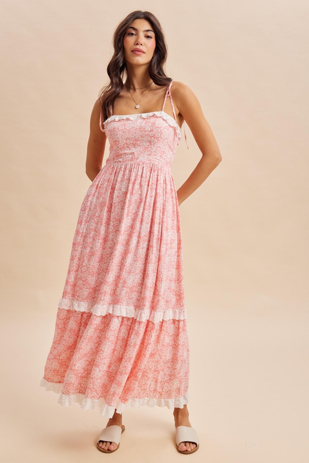 Candy Pink Floral Shoulder Tie Ruffle Detail Maxi Dress