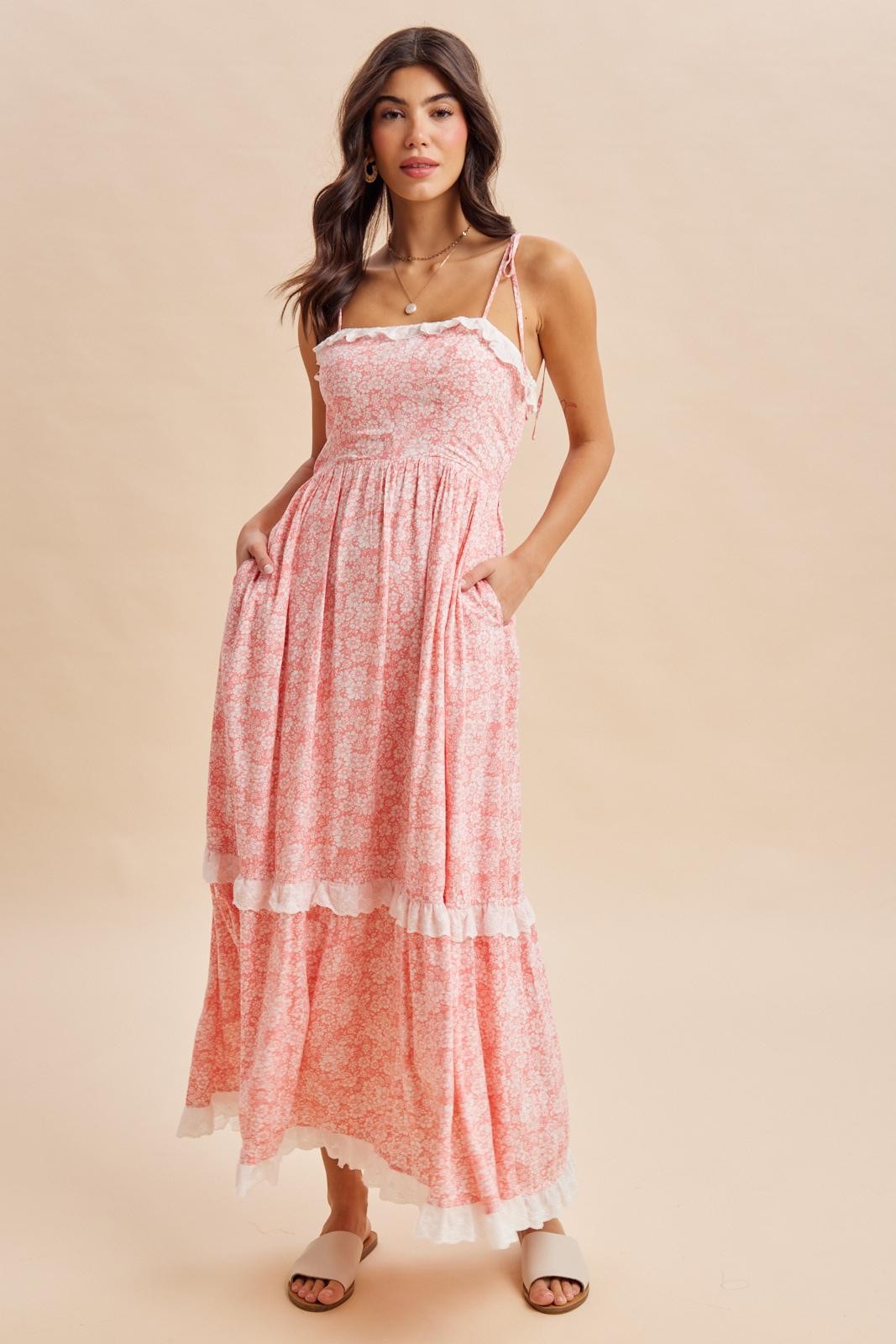 Candy Pink Floral Shoulder Tie Ruffle Detail Maxi Dress