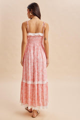 Candy Pink Floral Shoulder Tie Ruffle Detail Maxi Dress