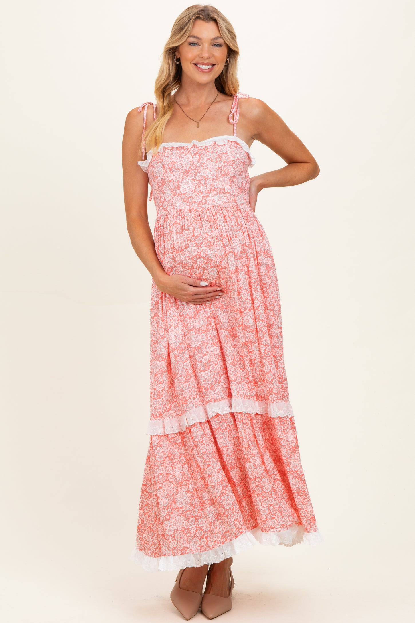 Candy Pink Floral Shoulder Tie Ruffle Detail Maternity Maxi Dress