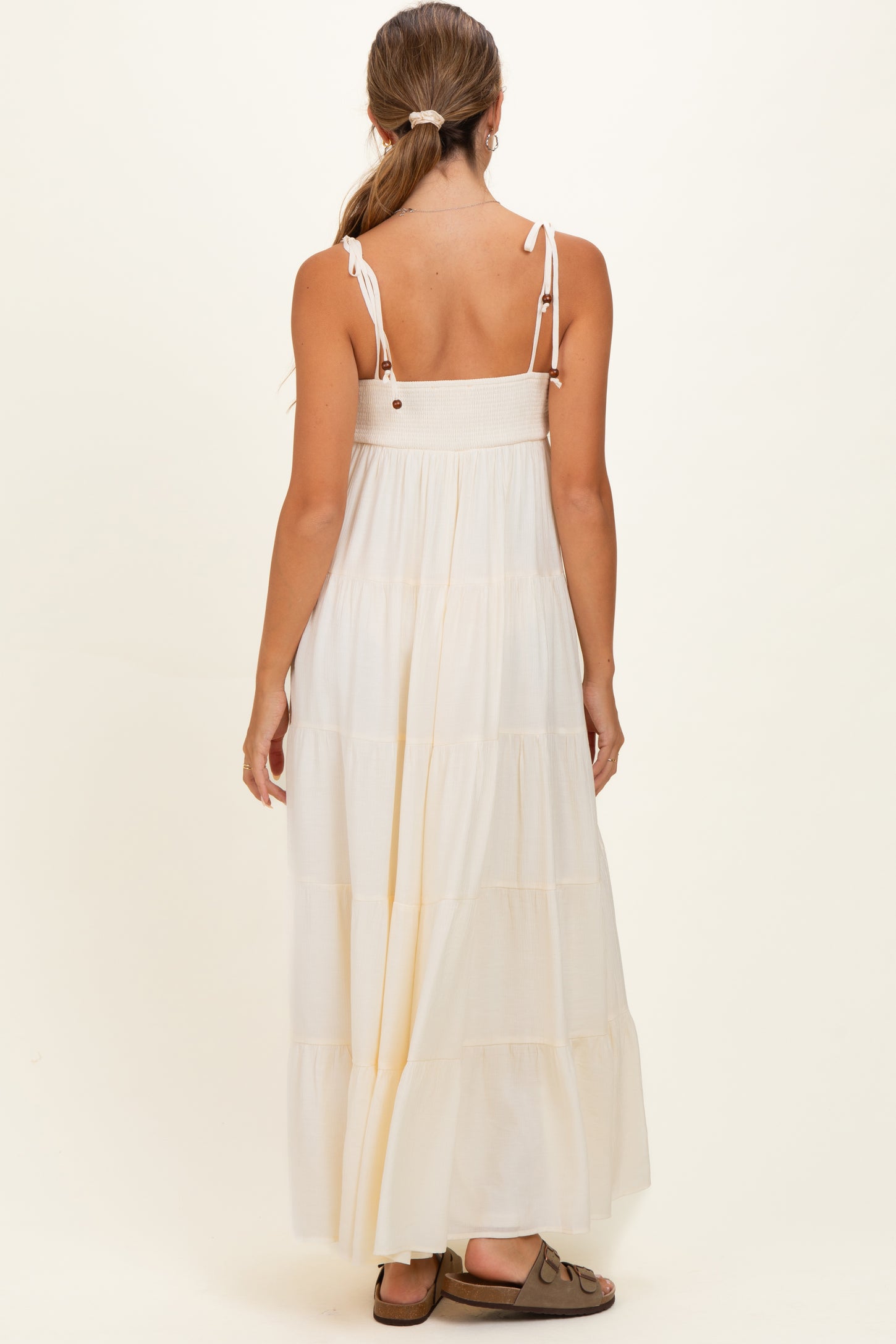 Cream Crochet Detail Tiered Shoulder Tie Maternity Maxi Dress