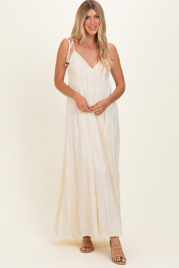 Cream Crochet Detail Tiered Shoulder Tie Maxi Dress