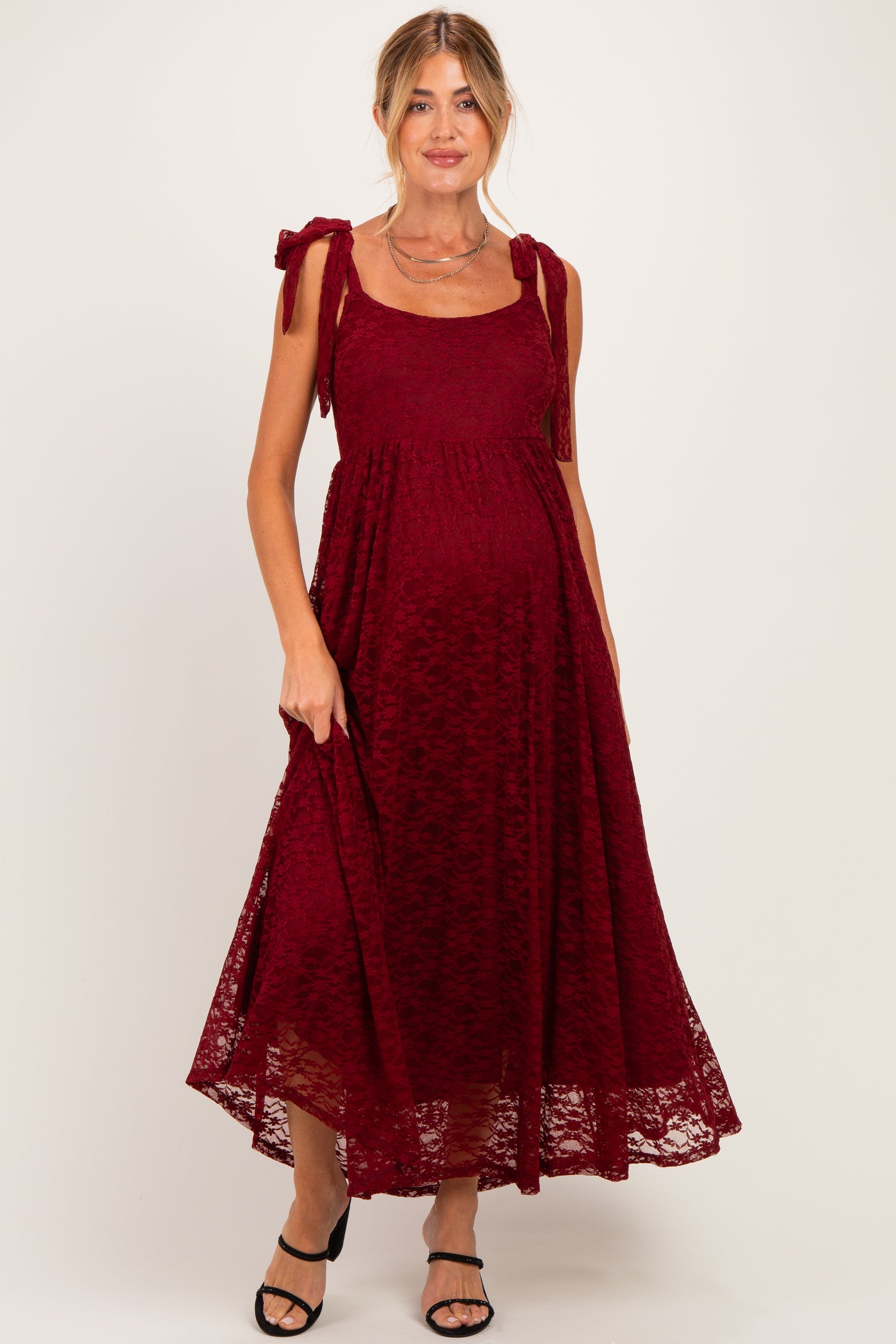 Burgundy Sleeveless Lace Maternity Maxi Dress