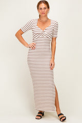 Cream/ Brown Striped Knit Short Sleeve Maxi Dress