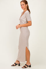 Cream/ Brown Striped Knit Short Sleeve Maxi Dress