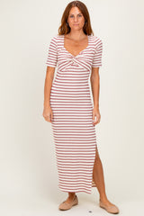 Cream/ Burgundy Striped Knit Short Sleeve Maternity Maxi Dress