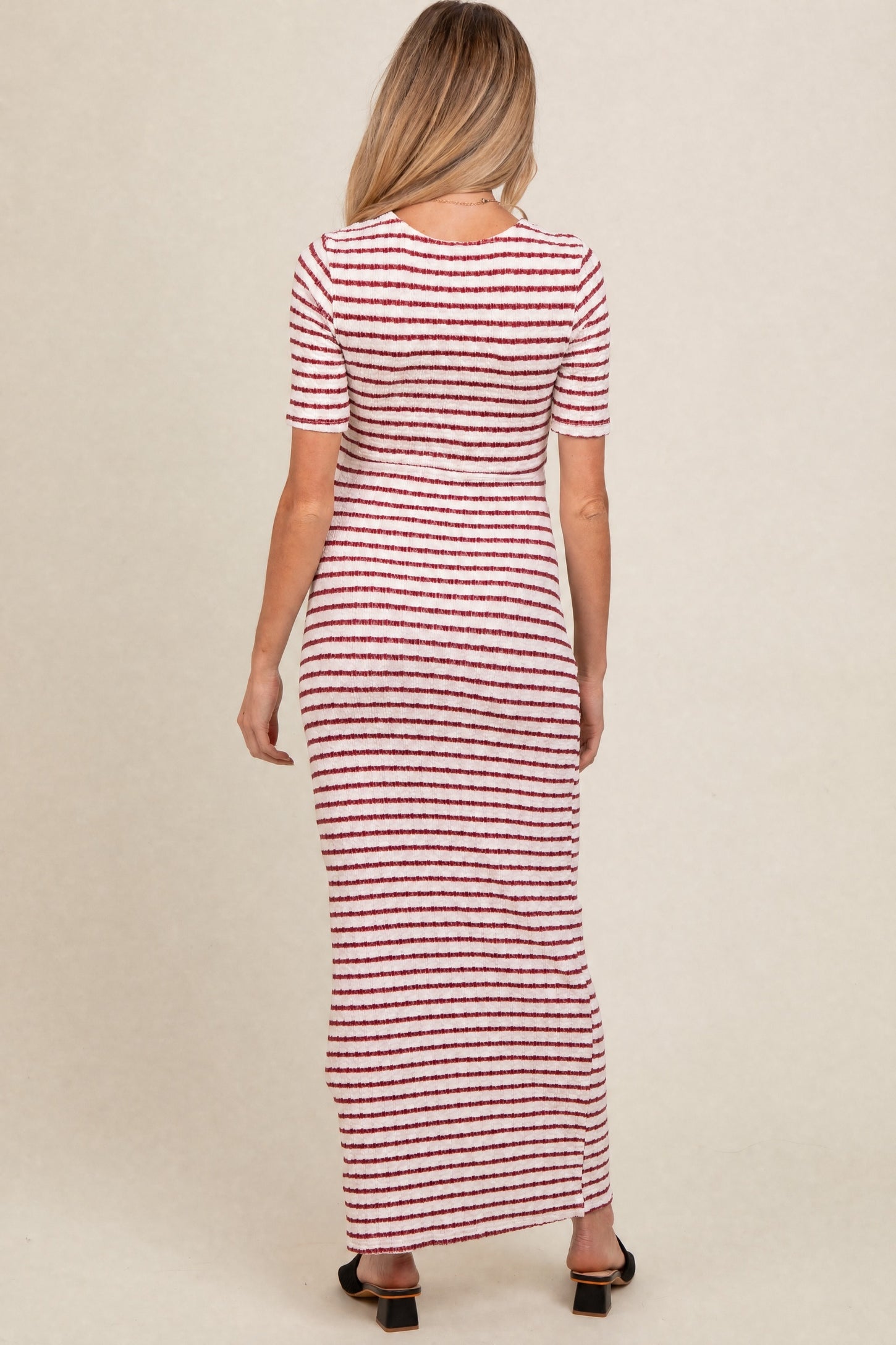 Cream/ Burgundy Striped Knit Short Sleeve Maternity Maxi Dress
