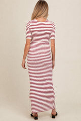 Cream/ Burgundy Striped Knit Short Sleeve Maternity Maxi Dress