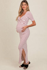 Cream/ Burgundy Striped Knit Short Sleeve Maternity Maxi Dress