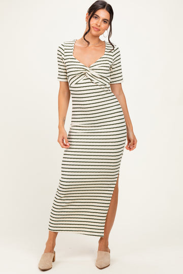 Cream/ Olive Striped Knit Short Sleeve Maxi Dress