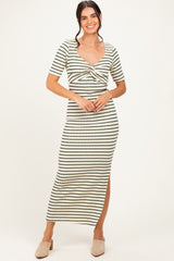 Cream/ Olive Striped Knit Short Sleeve Maternity Maxi Dress