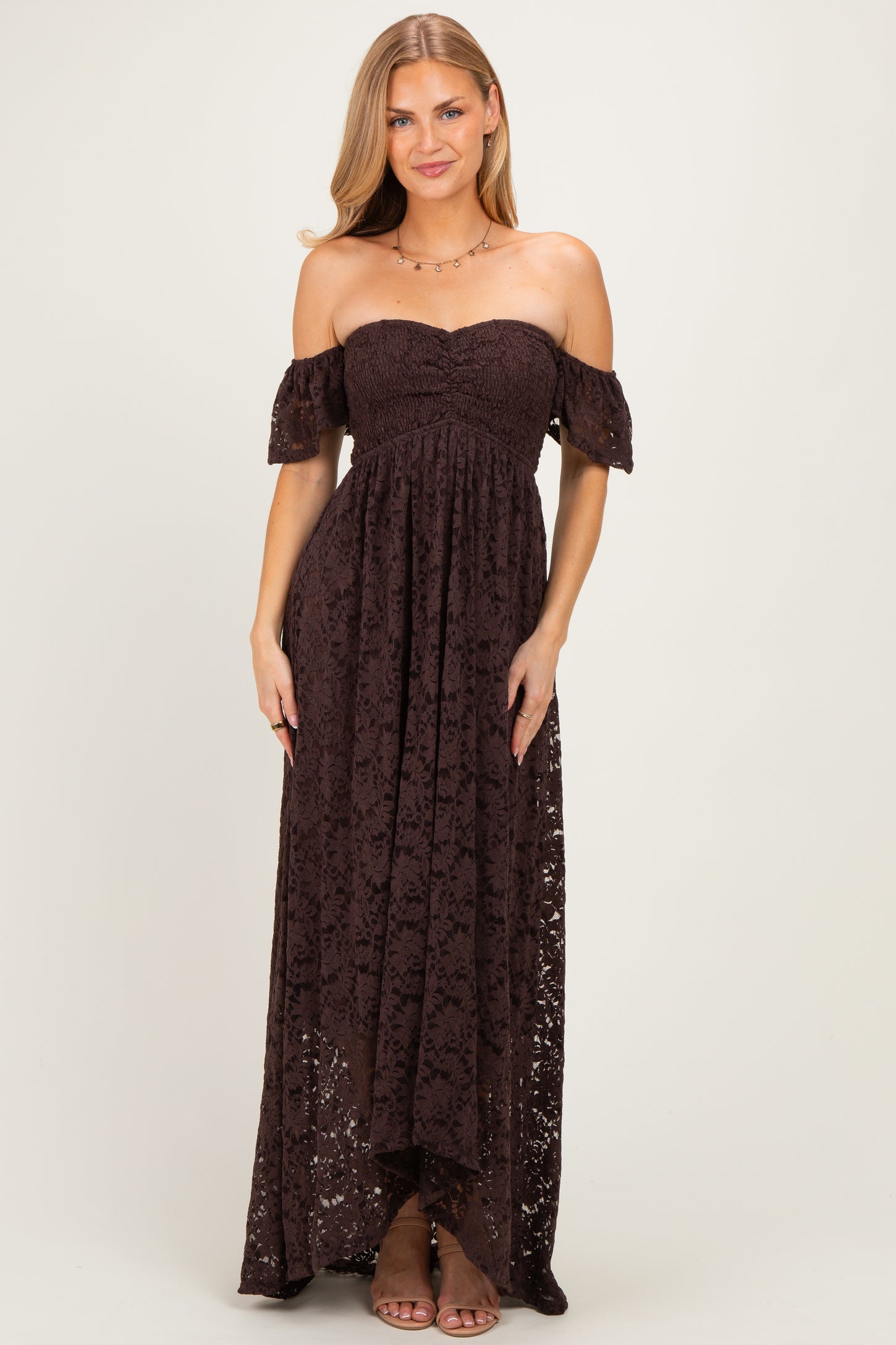 Brown Lace Off Shoulder Maxi Dress