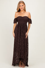 Brown Lace Off Shoulder Maxi Dress