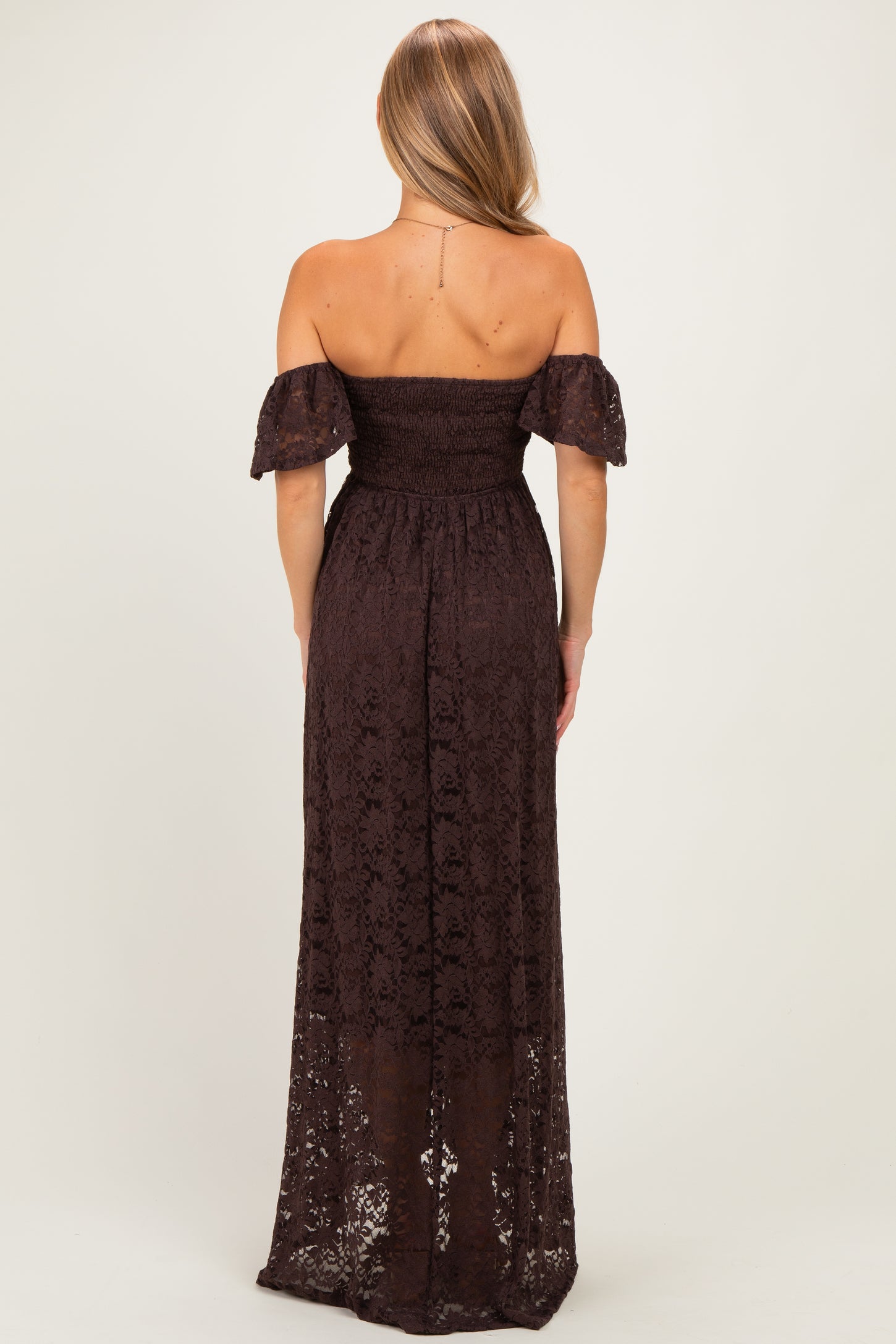 Brown Lace Off Shoulder Maxi Dress
