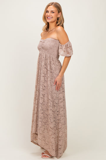 Mocha Lace Off Shoulder Maxi Dress