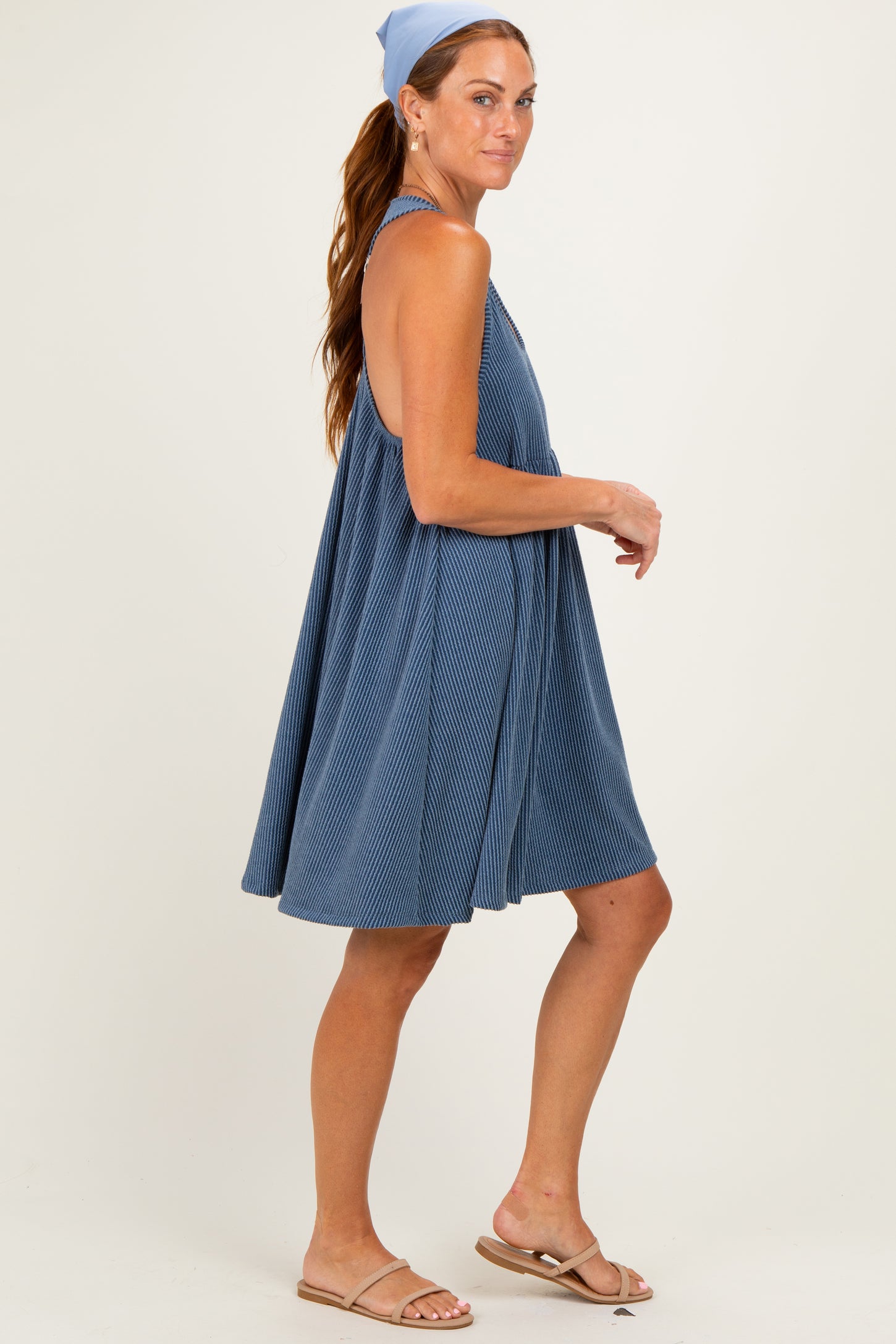 Blue Ribbed Sleeveless Open Back Midi Dress