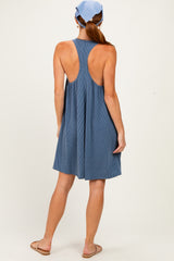 Blue Ribbed Sleeveless Open Back Midi Dress