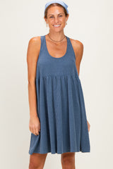 Blue Ribbed Sleeveless Open Back Midi Dress