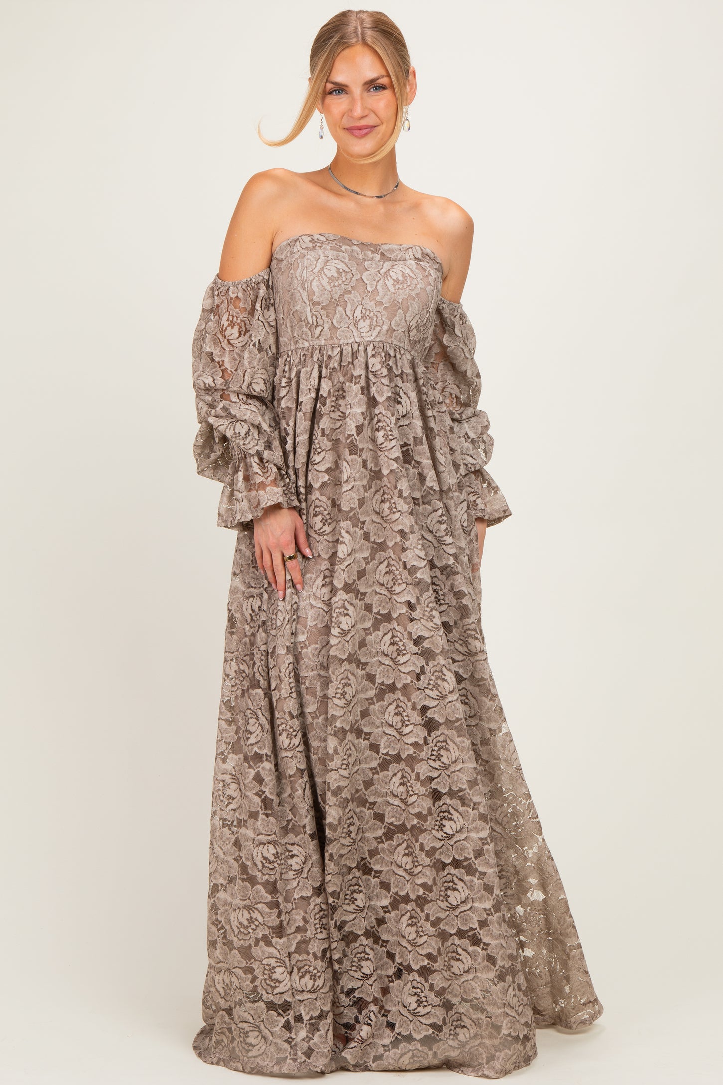 Mocha Lace Off Shoulder Long Sleeve Maxi Dress