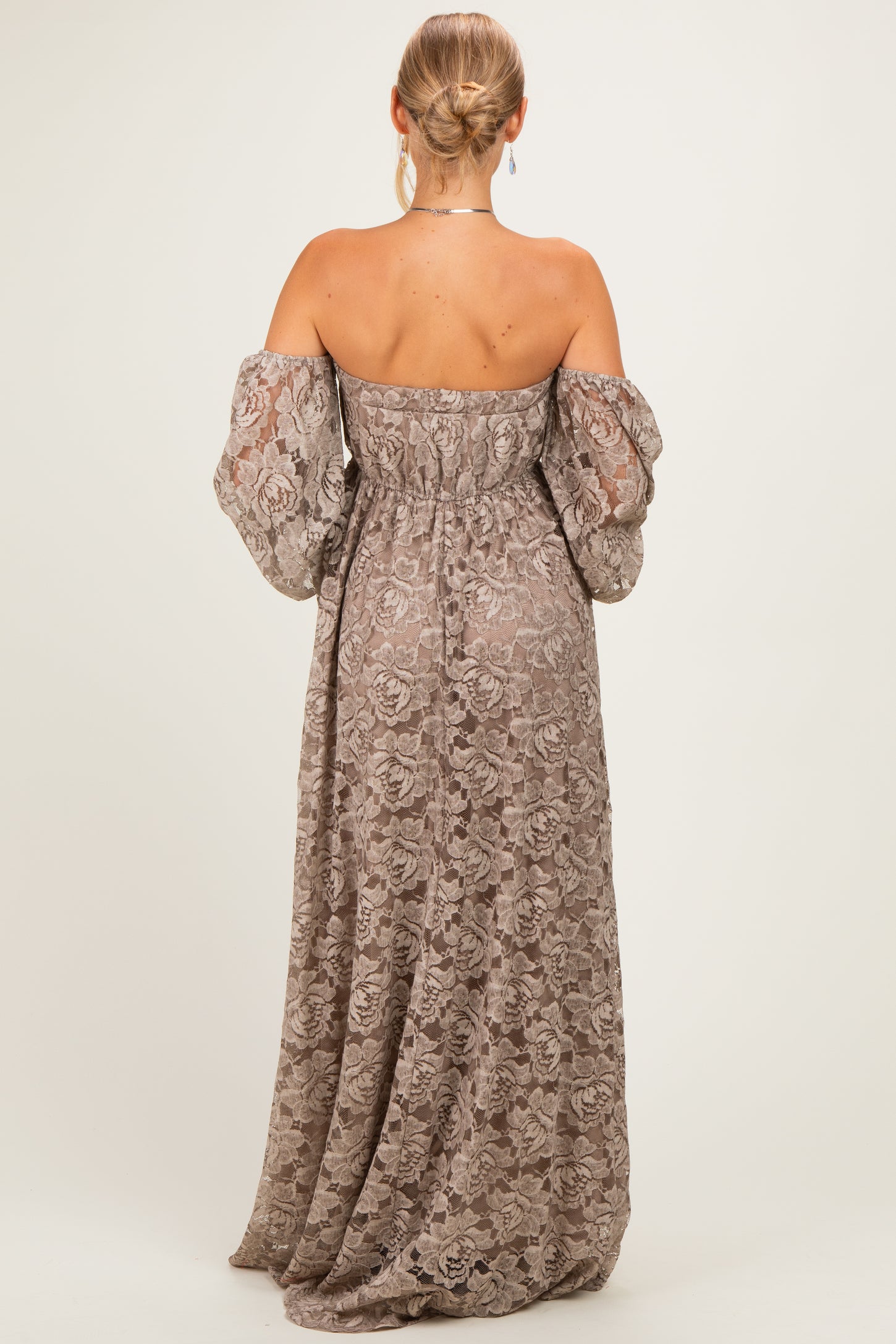 Mocha Lace Off Shoulder Long Sleeve Maxi Dress