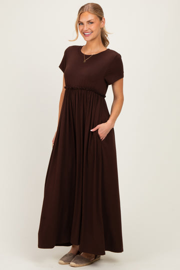 Brown Ruffle Trim Maxi Dress