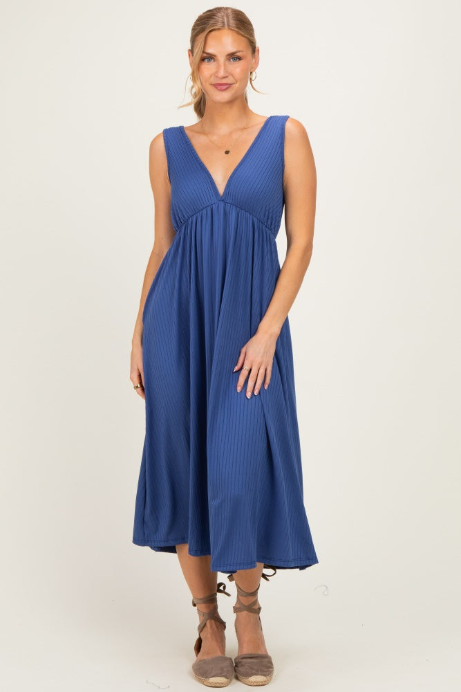 Blue Sleeveless Ribbed Knit A-Line Midi Dress