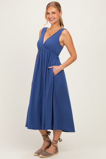 Blue Sleeveless Ribbed Knit A-Line Midi Dress