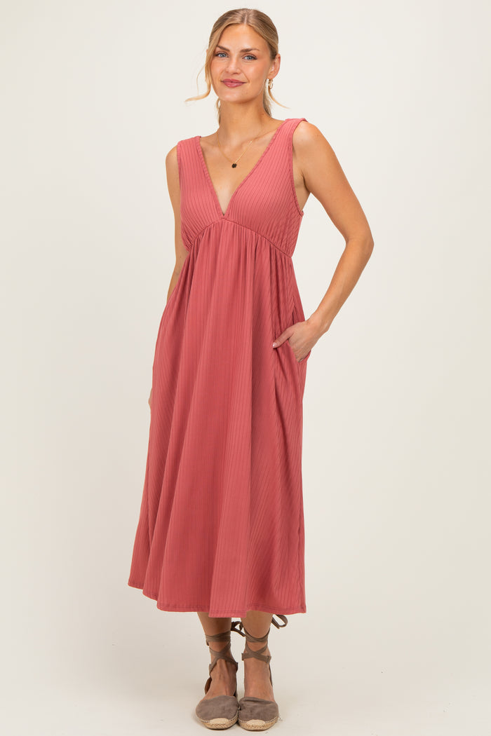 Mauve Sleeveless Ribbed Knit A-Line Maternity Midi Dress