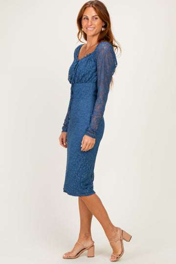 Blue Lace Long Sleeve Midi Dress