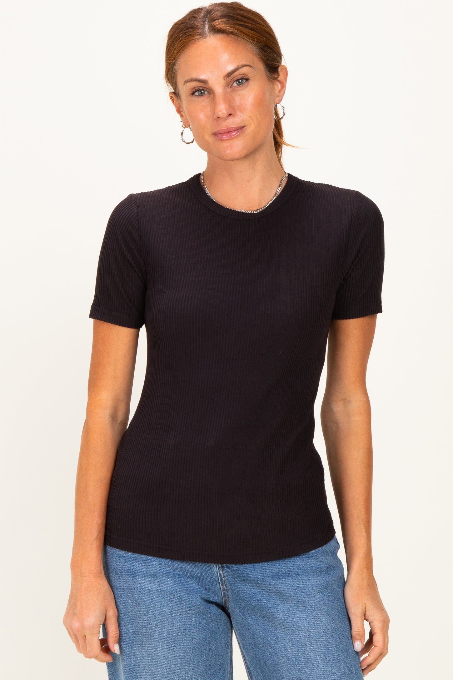 Black Brushed Ribbed Knit Maternity Crewneck Tee