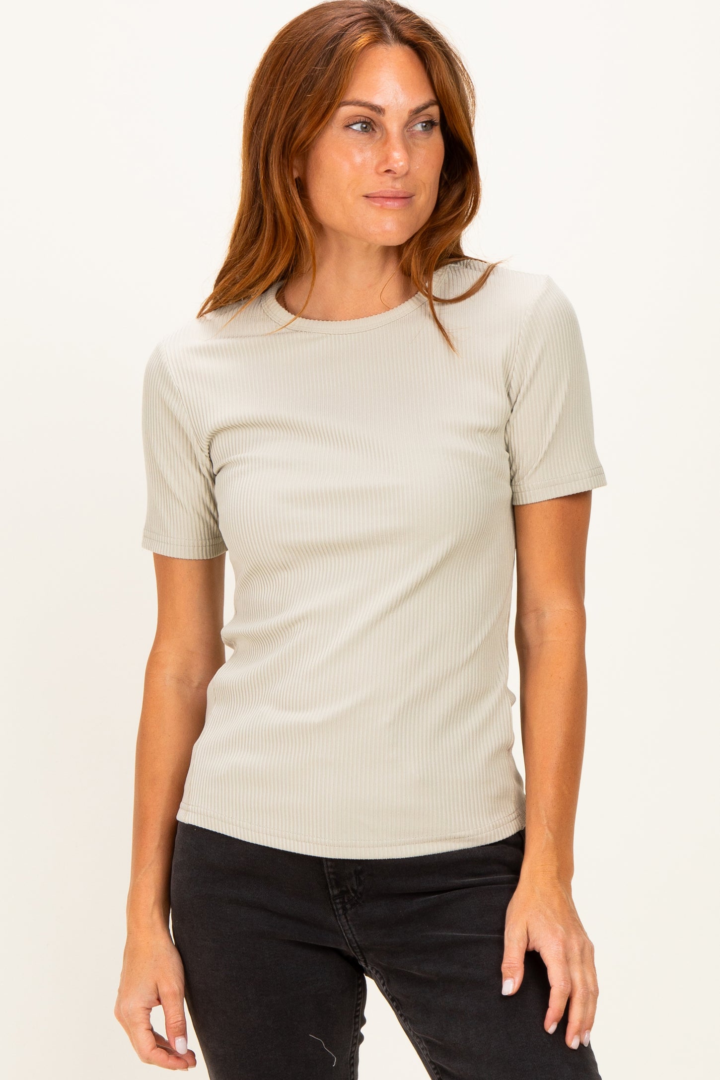 Sage Brushed Ribbed Knit Crewneck Tee