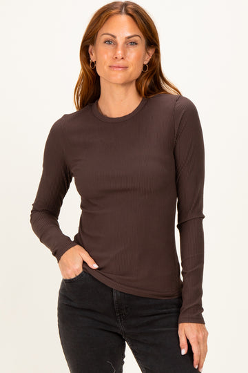 Brown Brushed Rib Knit Long Sleeve Top