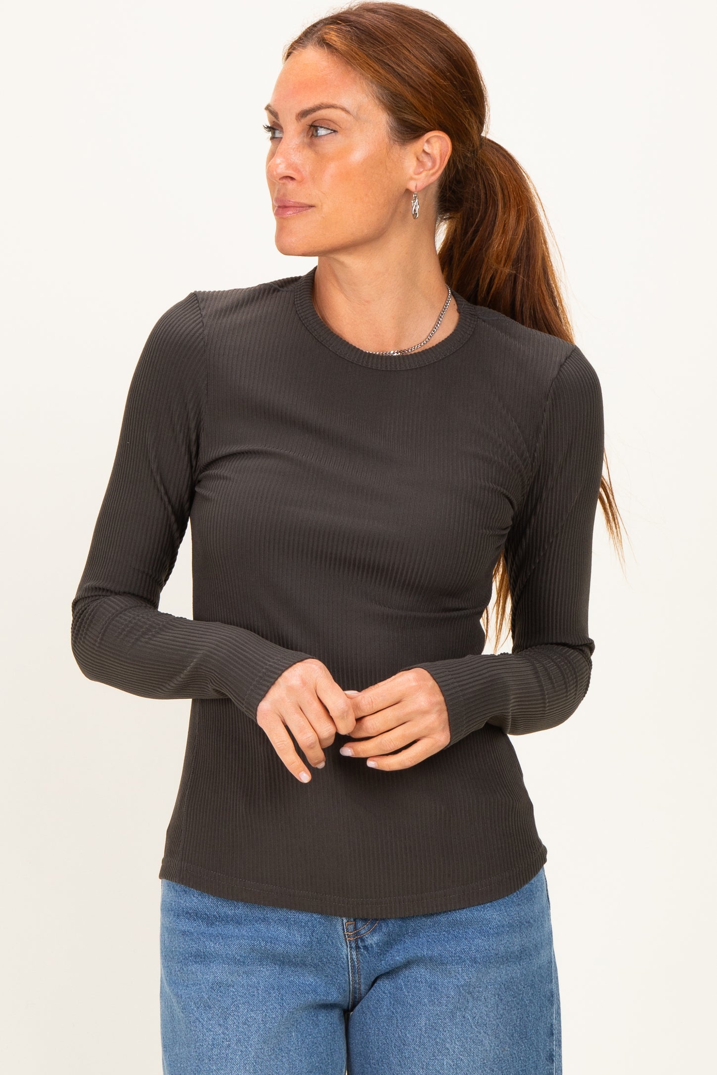 Charcoal Smoke Brushed Rib Knit Maternity Long Sleeve Top