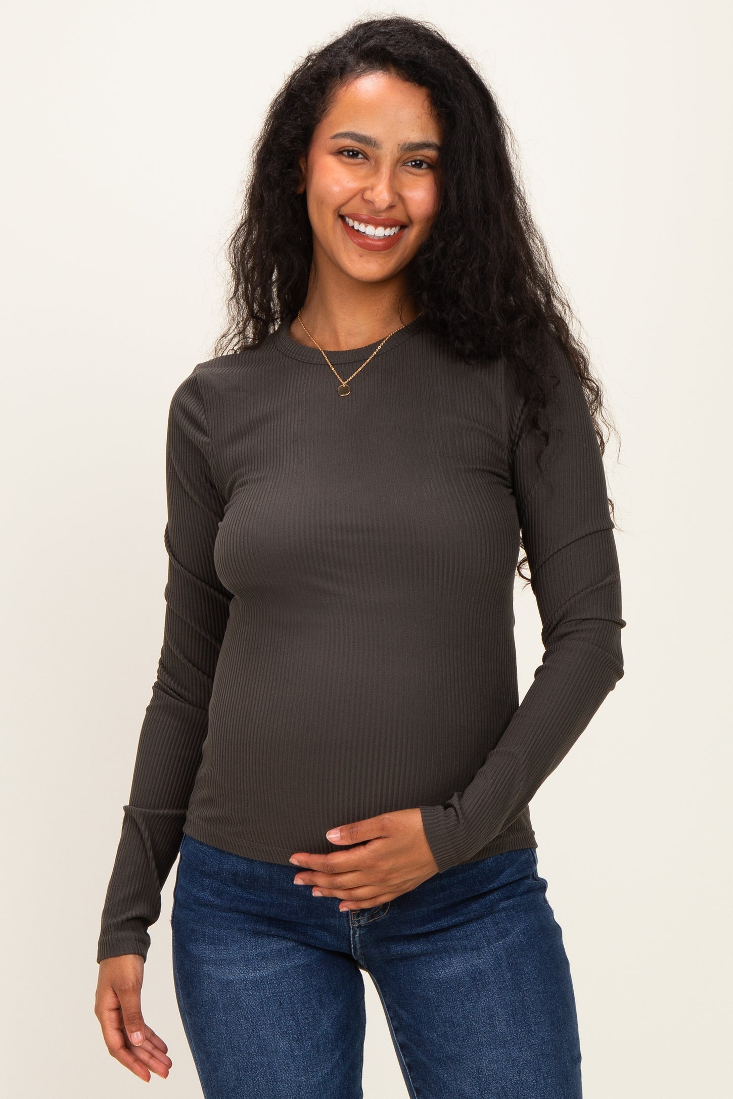 Charcoal Smoke Brushed Rib Knit Maternity Long Sleeve Top