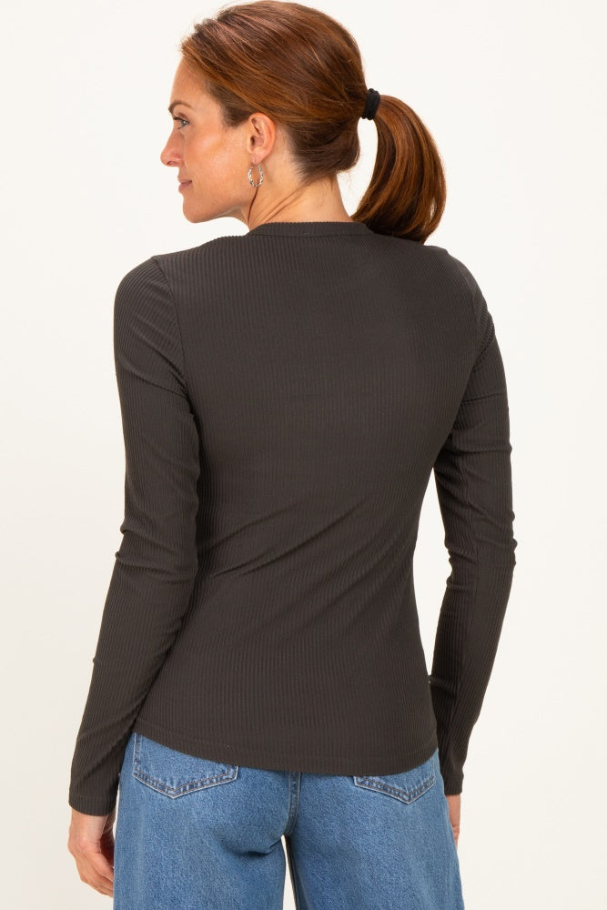 woman wearing a dark grey long sleeve ribbed top with a fitted style and back view