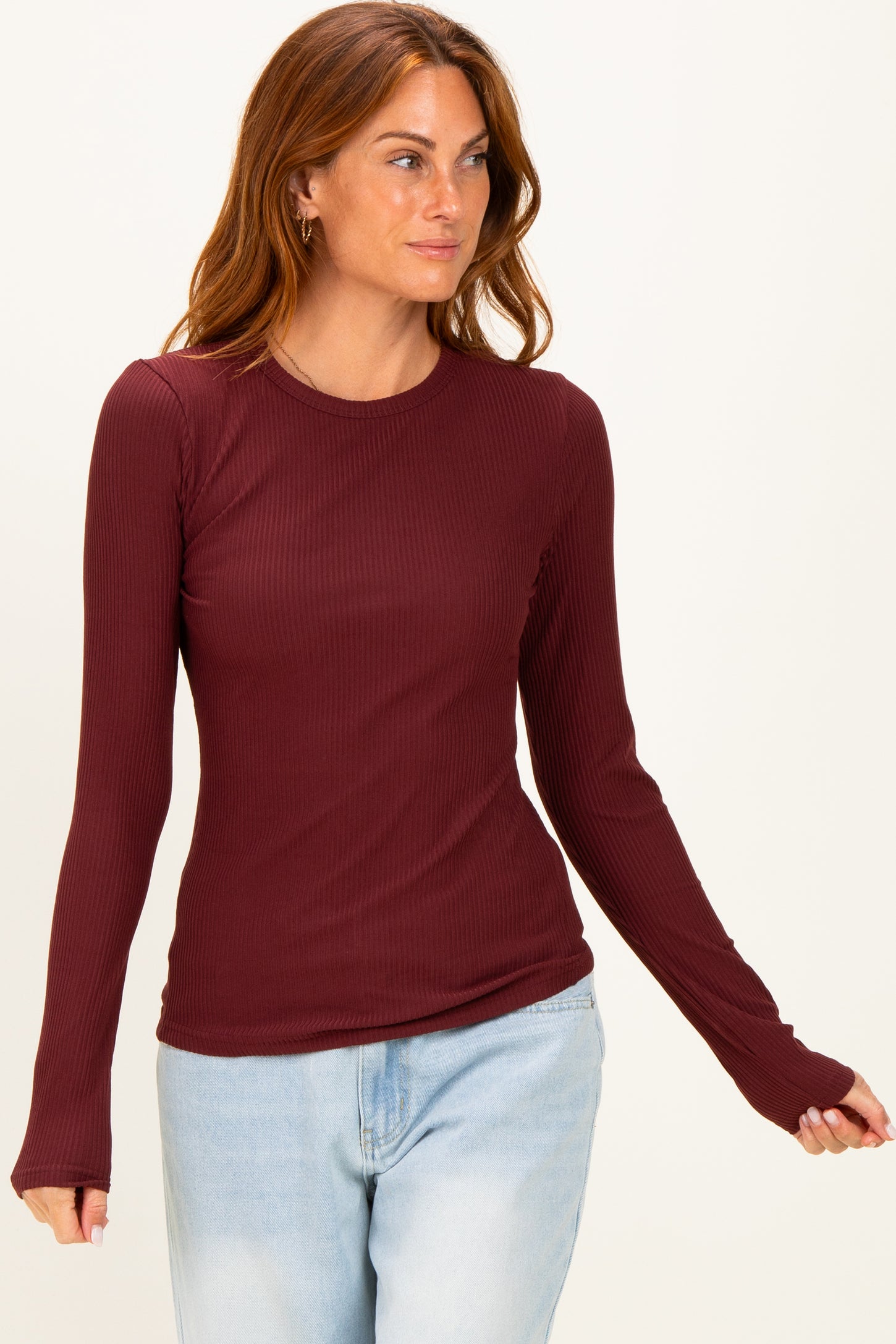 Merlot Smoke Brushed Rib Knit Long Sleeve Top