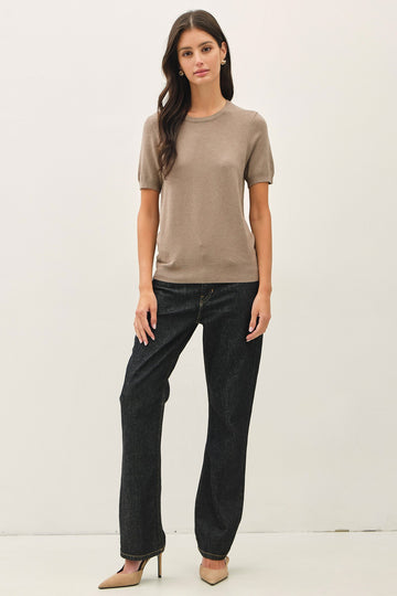 Heather Mocha Basic Short Sleeve Sweater Top