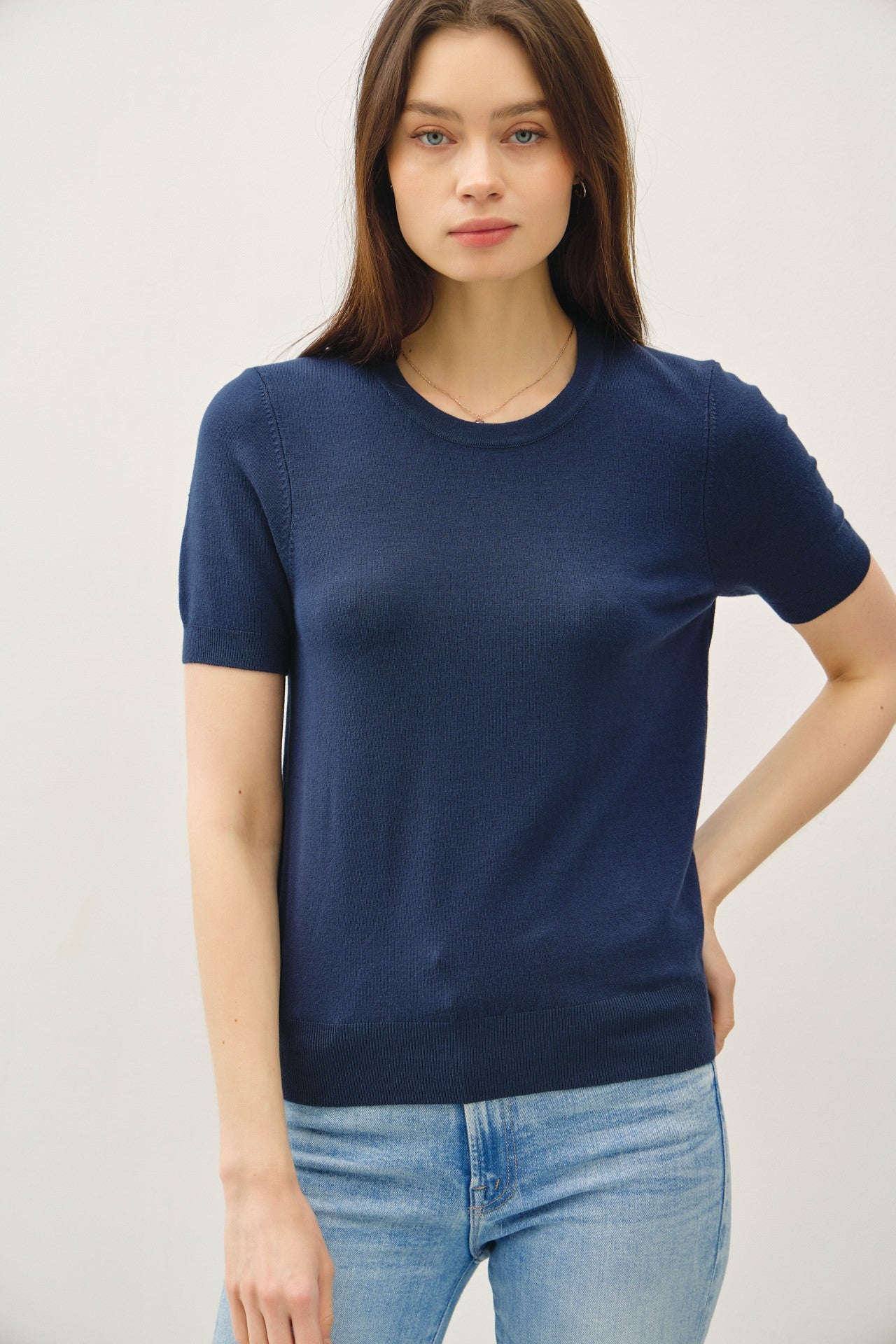 Navy Basic Short Sleeve Maternity Sweater Top