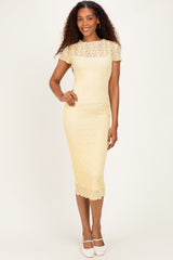 Yellow Sheer Lace Overlay Short Sleeve Midi Dress