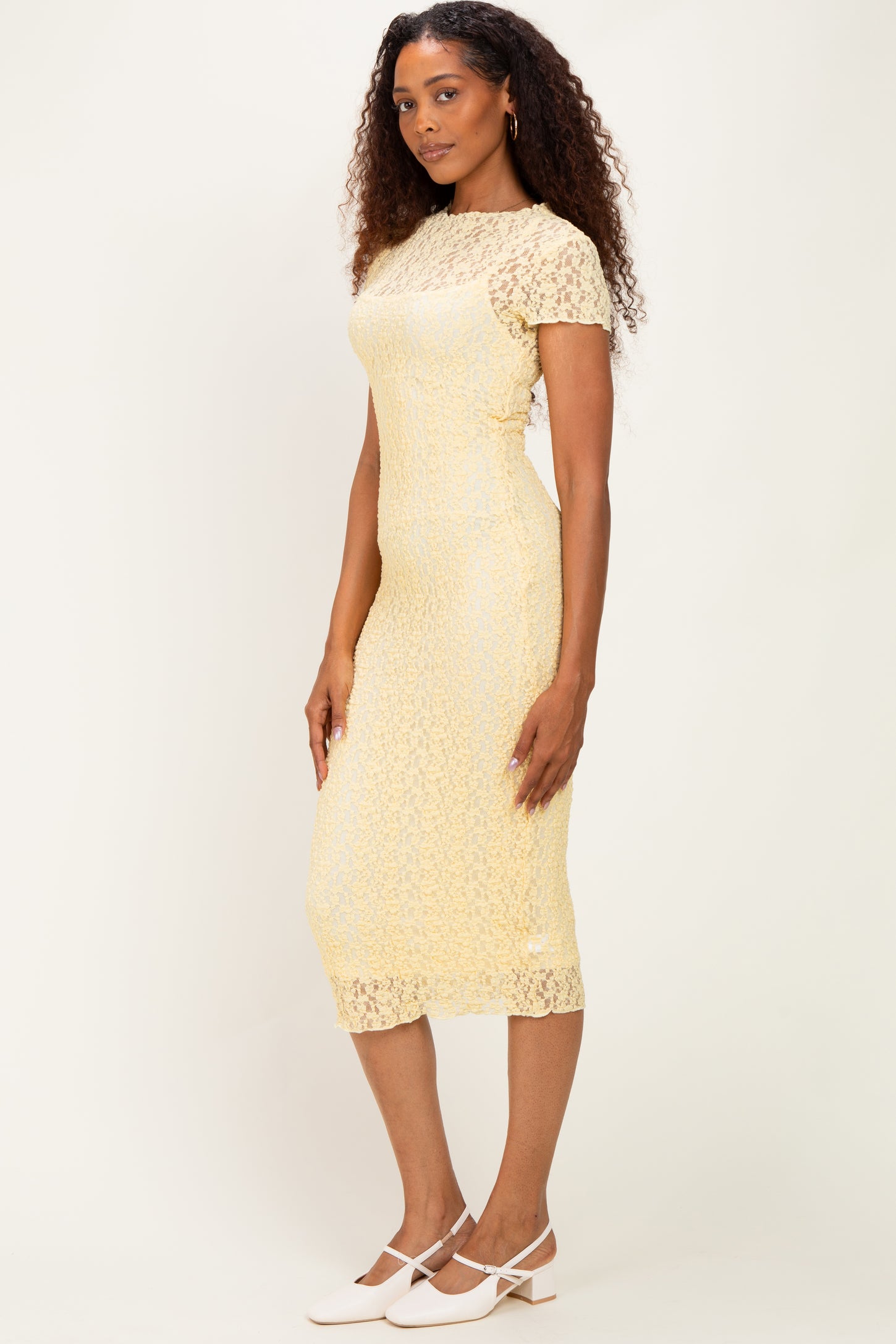 Yellow Sheer Lace Overlay Short Sleeve Midi Dress
