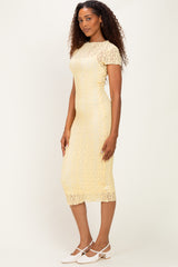 Yellow Sheer Lace Overlay Short Sleeve Midi Dress