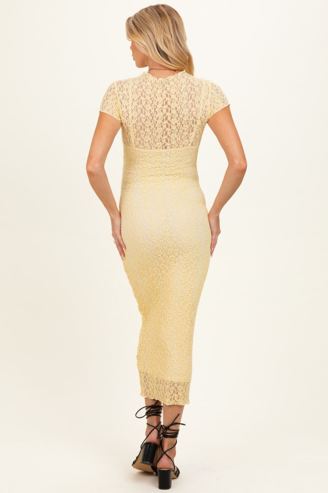 Yellow Sheer Lace Overlay Short Sleeve Maternity Midi Dress