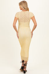 Yellow Sheer Lace Overlay Short Sleeve Maternity Midi Dress