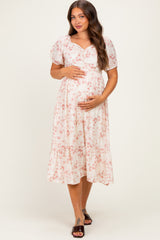 Ivory Floral Sweetheart Neckline Maternity Midi Dress