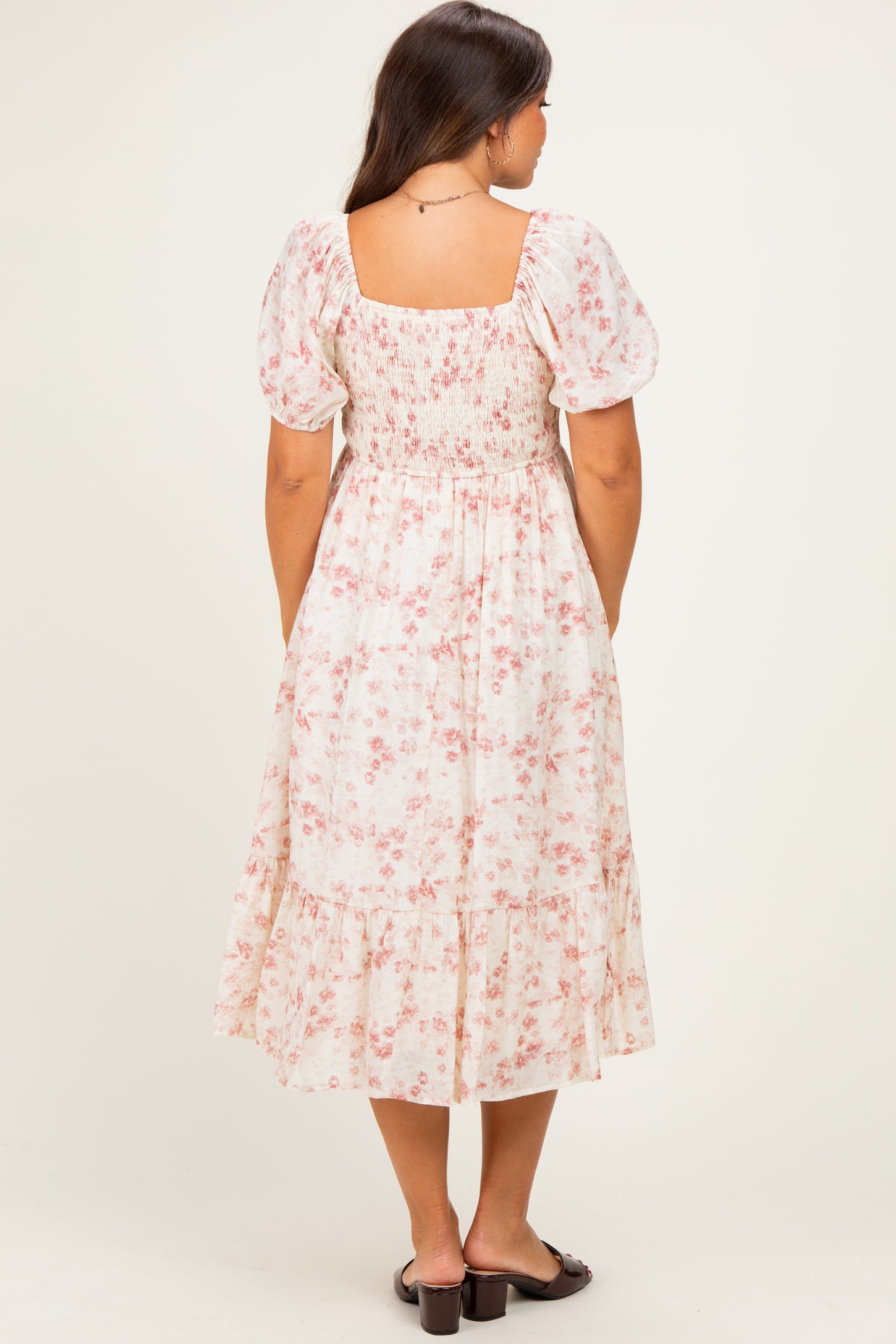 Ivory Floral Sweetheart Neckline Maternity Midi Dress