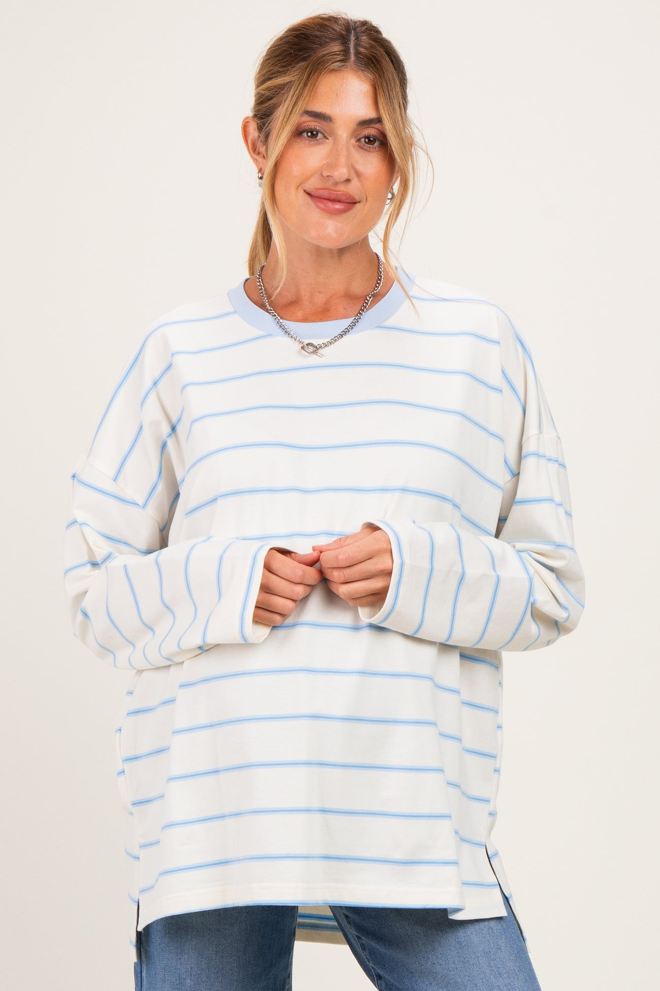 Light Blue Striped Oversized Maternity Long Sleeve Top