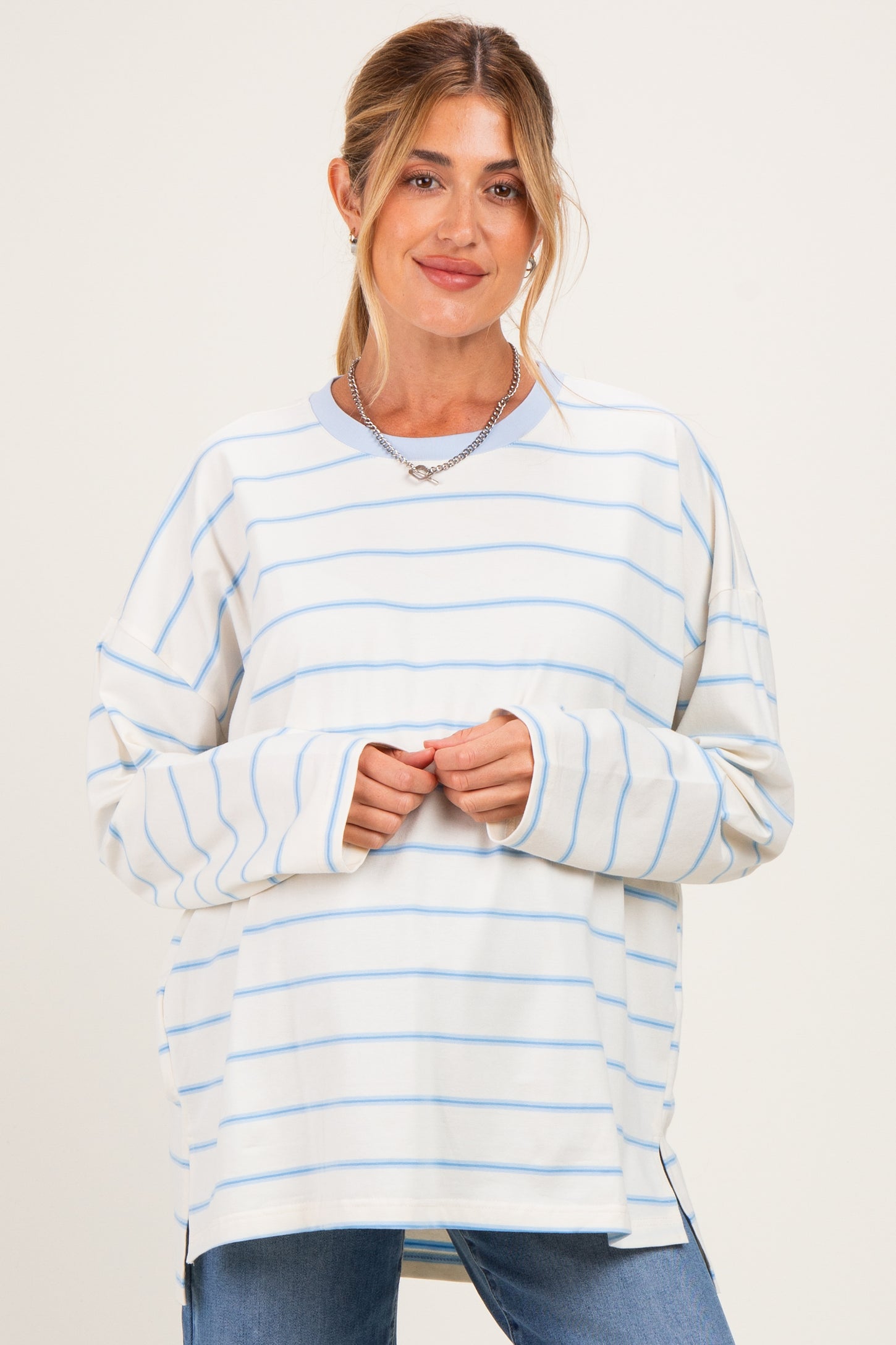 Light Blue Striped Oversized Maternity Long Sleeve Top